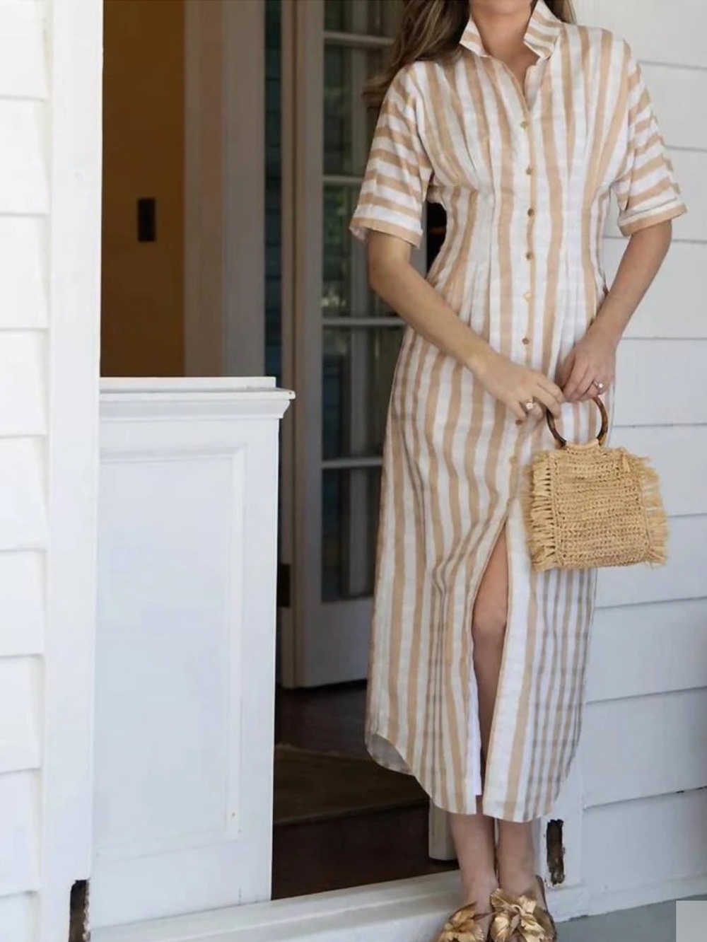 Emily McCarthy Georgia Striped Button-Front Shirt Dress in sand stripe S - Picture 10 of 12
